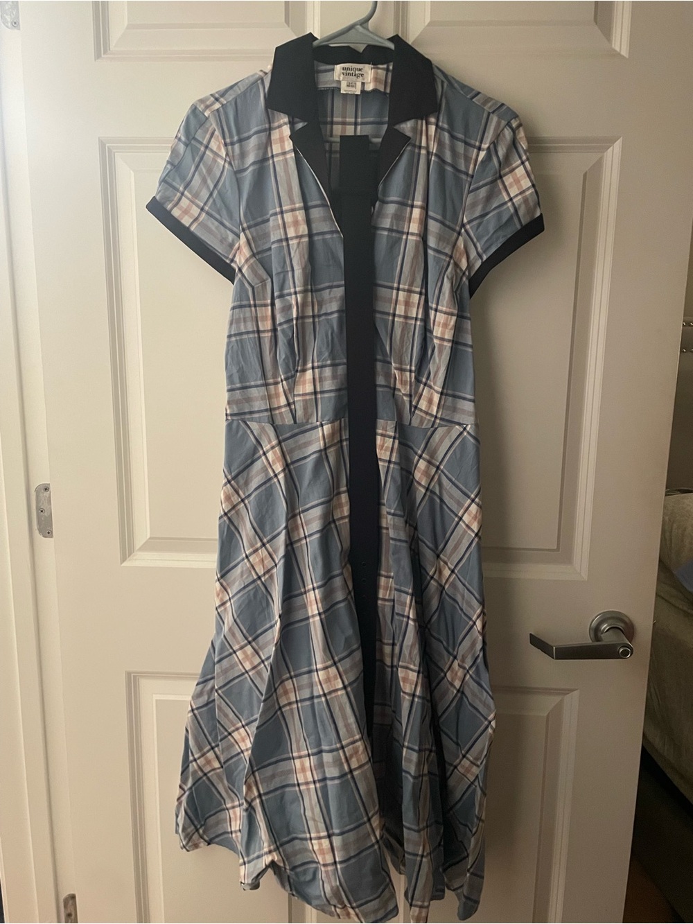 Unique Vintage Blue Plaid Midi Dress with Navy Trim